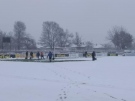 Целият екип на „Спортни имоти” се бори със снега преди мача на „Локо” и „Лудогорец”