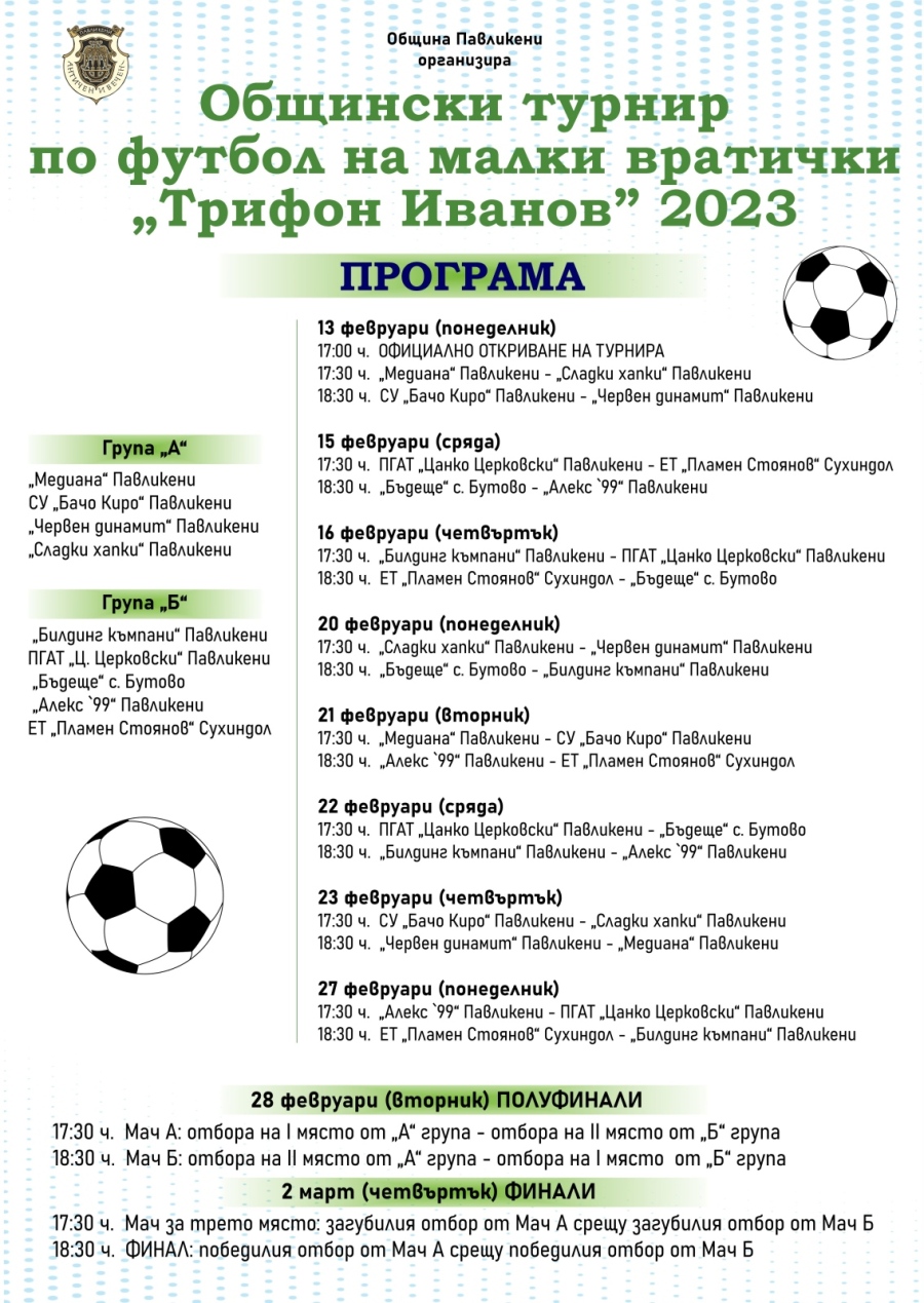 Общинският турнир по футбол на малки вратички „Трифон Иванов“ в Павликени започва на 13 февруари (програма) 