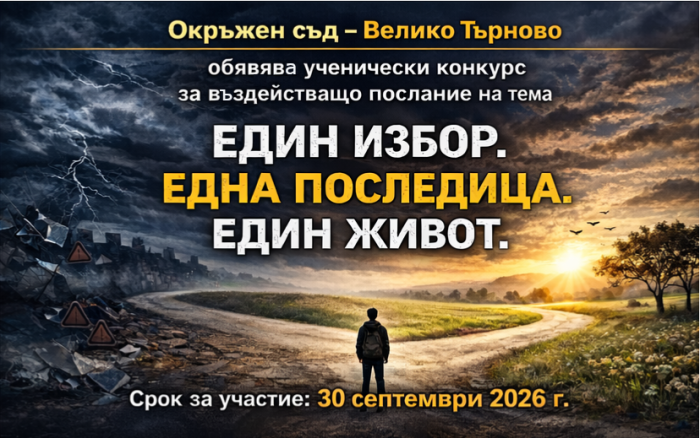 Конкурс за ученици на тема „Един избор. Една последица. Един живот“ обяви Окръжен съд – Велико Търново