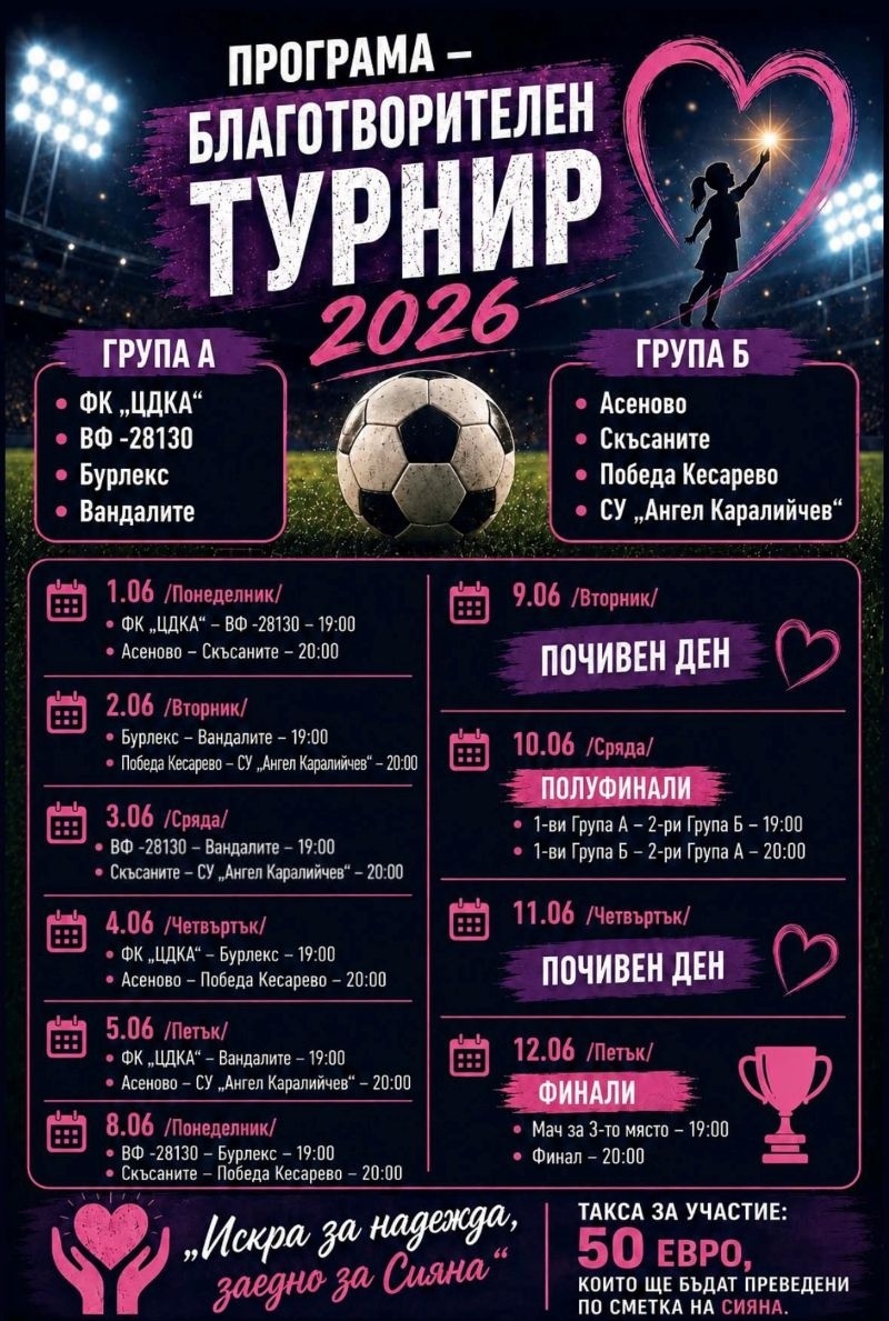 В Стражица започва благотворителният турнир „Искра за надежда – заедно за Сияна“ (програма)