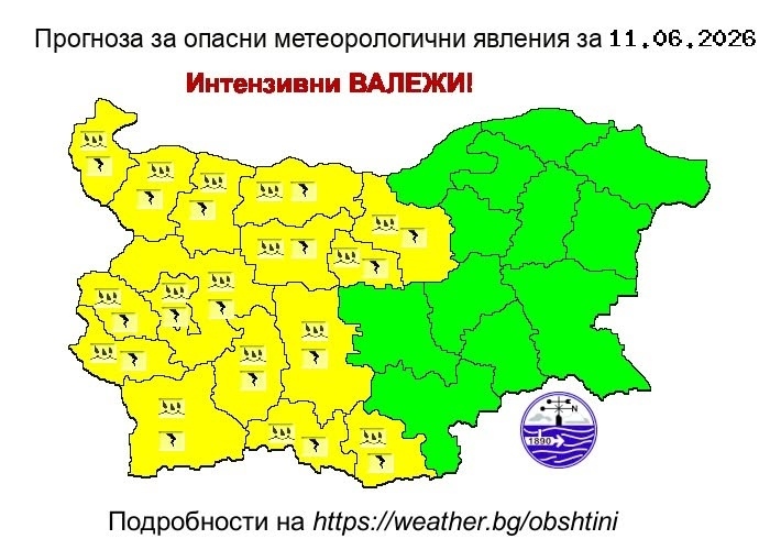 Жълт код за опасни валежи е обявен за областта